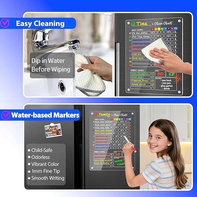 PigPotParty Acrylic Magnetic Chore Chart for Kids, 12"x16" Reward Responsibility Chart, Chores Checklist, 2 Weekly Dry Erase Fridge Board for Teens Adult Family Multiple Kids, w/ 12 Markers & Towel