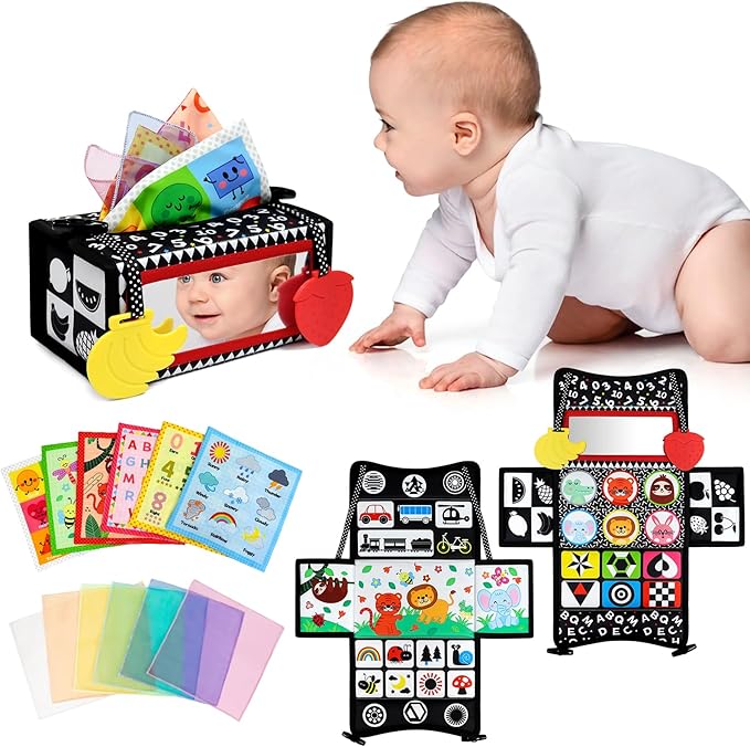 Dr.Rapeti Tummy Time Mirror, Tissue Box Toy, 3in1 Black and White High Contrast, Double-Sided Foldable Sensory Montessori Toy, Crinkle Silk Scarves Teethers 0-6 6-12 Month Newborn Infant Baby