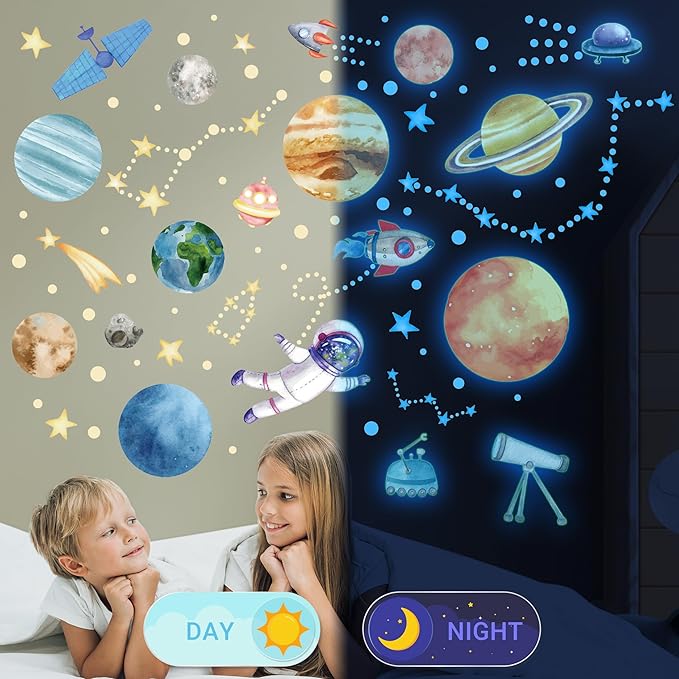 Watercolor Solar System Wall Decals, Glow in The Dark Stars, Kids Planets Sticker for Ceiling, Astronaut Wall Stickers for Bedroom, Blue