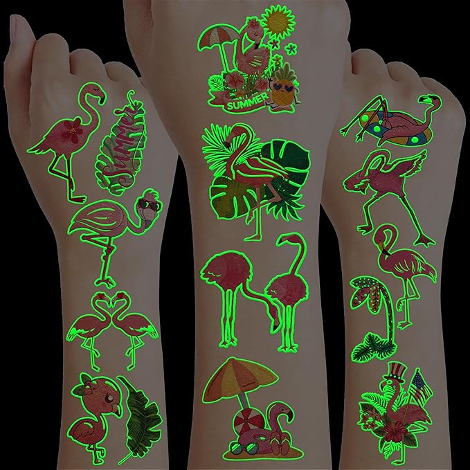 96 PCS Funny-Flamingo Glow In The Dark Pre-Cut Temporary Sticker Summer Tropical Hawaiian Luau Birthday Supplies Gifts Girls Boys Baby Showers Prizes Cute School Reward Themed (Luminous)