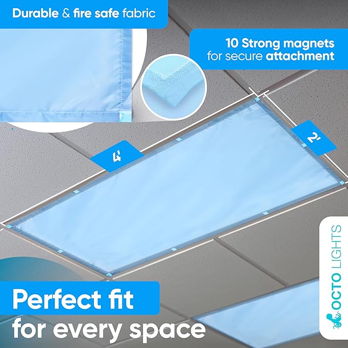 Fluorescent Blue Light Covers for Ceiling Lights - Magnetic Cover for Fluorescent Or LED Fixture - Must Haves for Teacher Supplies - Classroom, Home, Office Decor - Sensory Filters Overhead Lighting