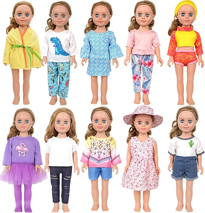 MSYO 10 Sets (19 Pcs) Doll Clothes for 17-18 Inch Dolls, Diverse Outfits (Dinosaur Print, Flamingo Top, Floral Dress) & Casual Wear, Fashion Dress-Up Set for Kids’ Play & Gifting