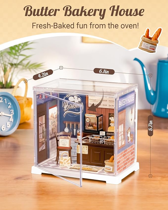 Rolife Super Creator Mini-Size | DIY Miniature Plastic House Building Set Playset with Dustcover, Suitable for Mini Figures Construction Toys Diorama Gifts for Adults (Butter Bakery House)