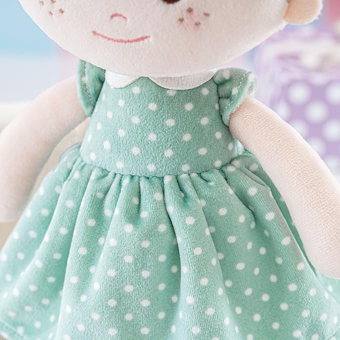 Onetoo Plush Rag Doll My First Baby Doll Soft Baby Doll for Girls Sleeping Cuddle Buddy Doll Wear Green Dress White Polka Dot 14"（Milly Series）