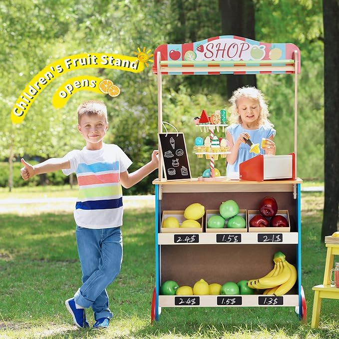 Deluxe Wooden Puppet Theater with Curtains, Blackboard and Clock, Double-Sided Play Store 3-8Y & Kid Puppet Show Theater with 2 Hand Puppets and 4 Finger Puppets for Toddlers 3+