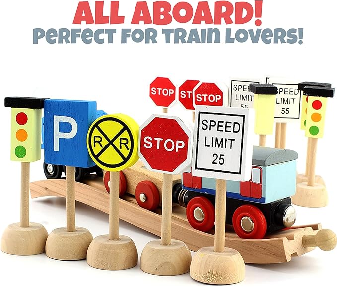 Attatoy Kids Wooden Street Signs Playset (14-Piece Set), Wood Traffic Signs Perfect for Car & Train Set