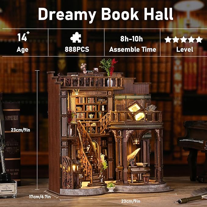 DIY Miniature House Kit, Mini House Building Kit, DIY Book Nook Kit, Tiny Model House for Adults to Build, Beginner 3D Wooden Book Nook, for Family Friends (Book Hall)