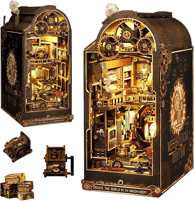Book Nook Kit Mechanical Rhythm, DIY Booknooks Kit for Adults with Sensor Lights, Bookshelf Diorama Miniature Scenes Insert Decor, 3D Puzzle Miniature House Kit Gift for Men Teens Family