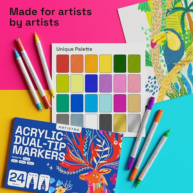 ARTISTRO 12 Dual Tip Brush + Fine Acrylic Paint Pens Ideal for Calligraphy - Paint Markers for Fabric, Rock, Glass, DIY - Stocking Stuffers, Christmas Gift Idea for Teens, Grandkids, Kids