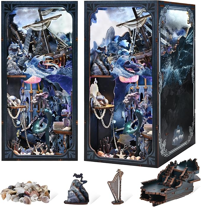 Book Nook Kitwith Dust Cover and LED Light, 3D Wooden Puzzle Bookend Bookshelf Insert Decor for Teens and Adults (The Song of Sirens)