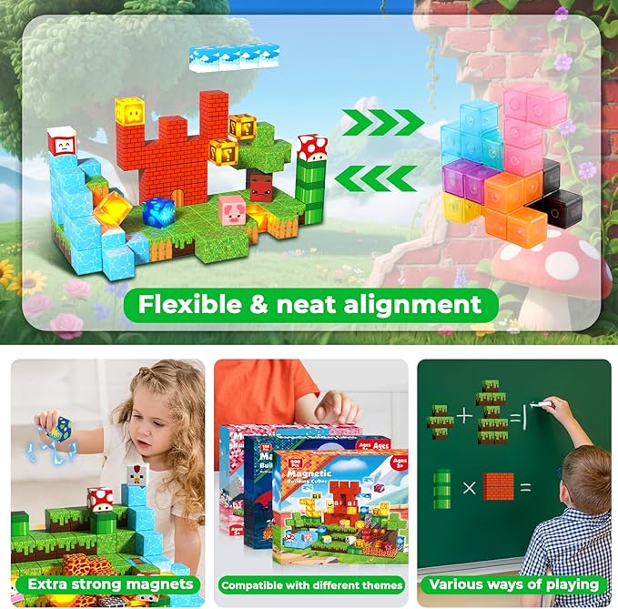 200PCS Magnetic Blocks with Light Blocks - Magnetic Blocks for Kids Ages 4 5 6 7 8 9 10, Magnetic Building Cubes, Magnetic Building Block, Birthday Gifts for 3-10 Years Old Boy Girls, STEM Toy