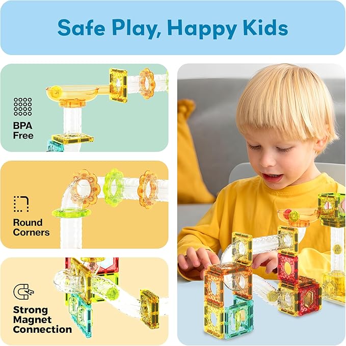 PicassoTiles Magnet Tile Building Block 80pc Marble Run Race Track Travel Size Pretend Play Toy With Launcher Lifter STEM Education Learning Magnetic Tiles Construction Kit School Boys Girls 3+ PTMG80