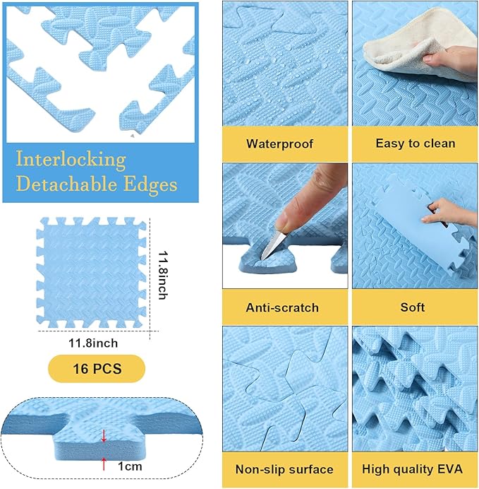Shihanee 16 Pcs Foam Floor Baby Tiles 11.81 x 11.81 inches Foam Floor Mats Play Mats Bulk with Borders Interlocking for Kids Baby Playroom Nursery Gym（Blue）