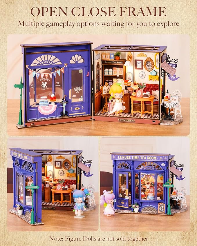 ROBOTIME DIY Miniature House Kit, Bakery Diorama House, Tiny House Kit for Adults, Mini Dollhouse Kit with Furniture Birthday Christmas Craft Hobbies Gift for Family/Friends (Leisure Time Tea Room)