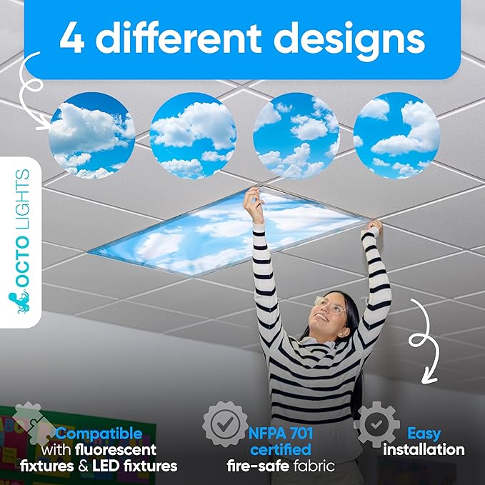 Fluorescent Light Covers for Ceiling Lights - Magnetic Cloud Cover for Fluorescent Or LED Fixture - Must Haves for Teacher Supplies - Classroom, Home, Office Cubicle Decor - Filters Overhead Lighting