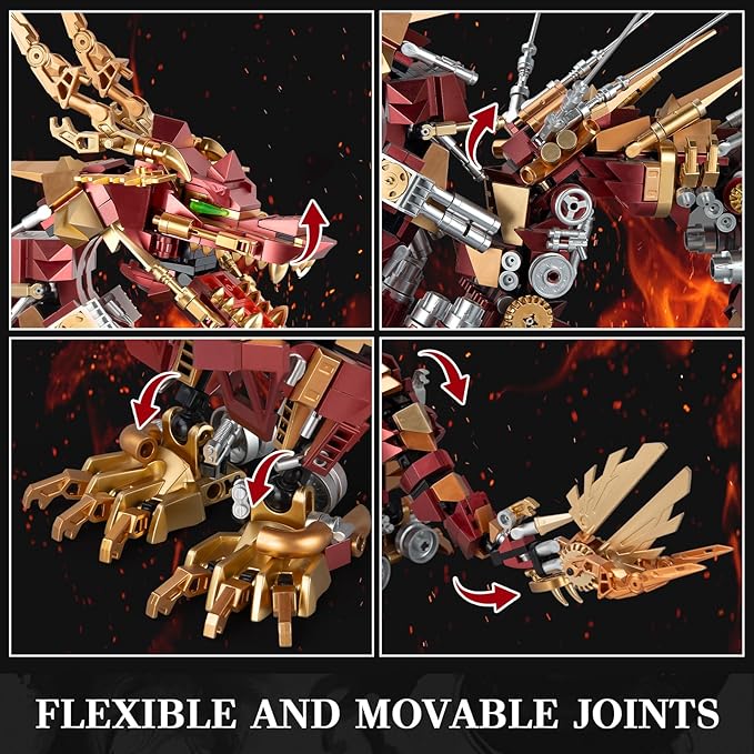 HIGH GODO Dragon Building Blocks Sets for Adults, Red Mechanical Dragon Animal Building Model Collectible Display Toys, Cool Toys Gifts for Fans Teens 14+ (1596 Pieces)