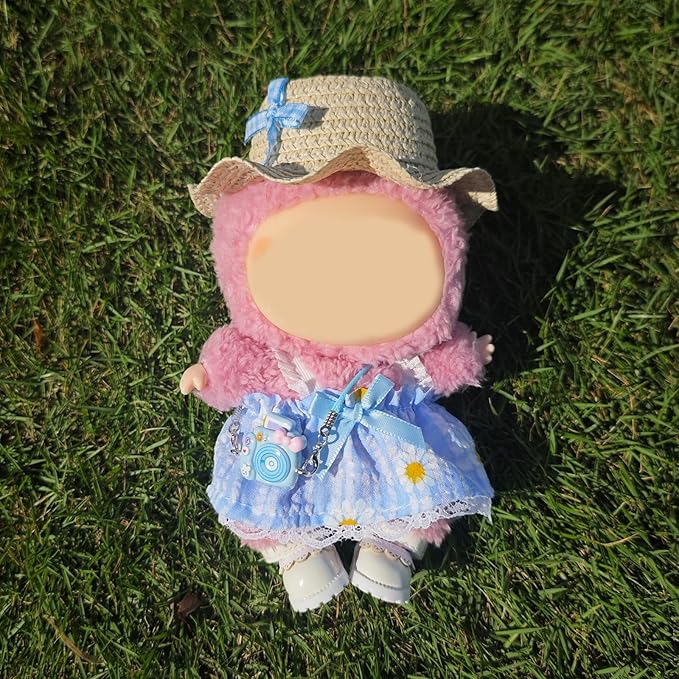 17cm Doll Clothes Set, Cute Girls Outfits and Straw Hat, 4 PCS Cute Hat & Blue Dress Set Stylish Outfits Exquisite Accessories