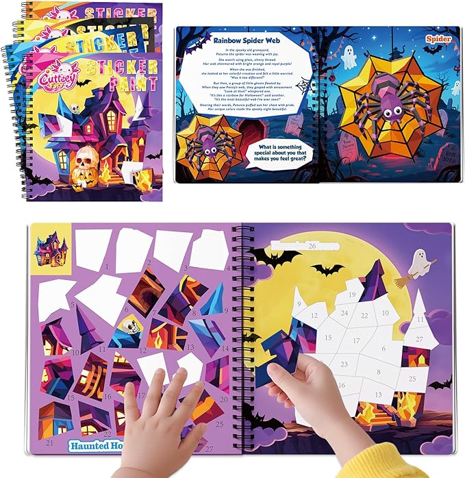 4PCS Paint by Number Sticker Book - Halloween Crafts & Acitivity Puzzles Book for Kids Ages 4-10, Travel Toys for Road Trip & Airplane,Perfect Halloween Gifts & Basket Stuffers for Kids