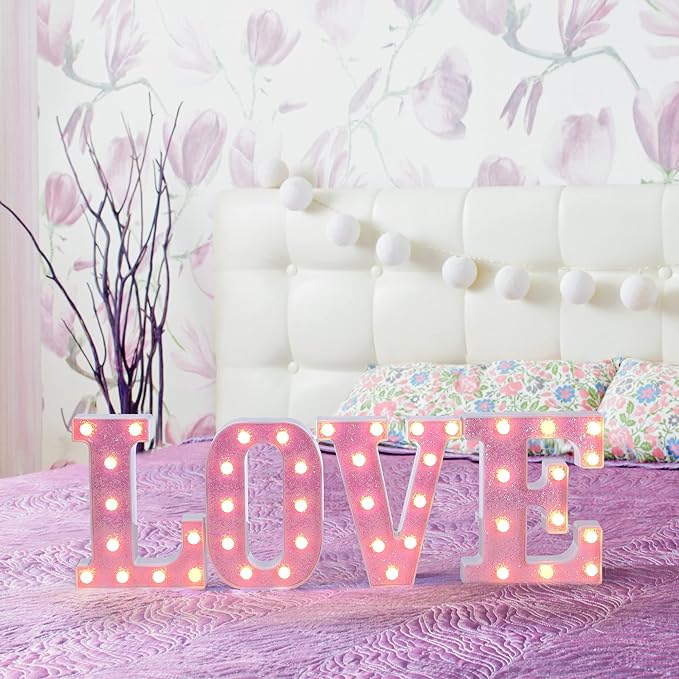 Foaky Pink Light up Letters，Pink Party Decorations,Girls Room Decor,Glitter Light Up Letters,Alphabet Letter Sign for Night Light Birthday Party Girls Gifts, Home Bar Decoration（S）