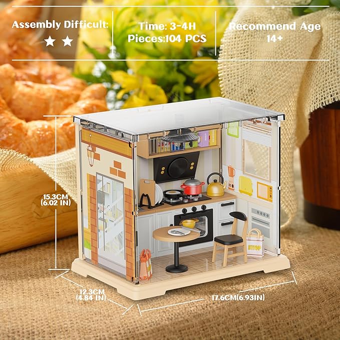 DIY Miniature House Kit, Tiny House with Home Decor Furniture & LED, DIY Dollhouse Miniature Kit for Adults Teens, Dollhouse for Mini Figures, Mini House Building Kit, Home Kitchen Mini Model Kit