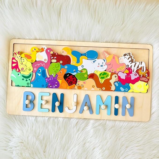 Name Puzzle for Kids Personalized, Custom Name Puzzle, Personalized Baby Birthday Gift,Name Puzzles for Toddlers 1-3 Montessori Toy for 1-3 (Jungle Animal)