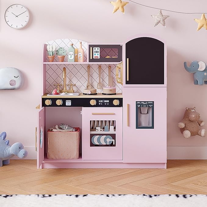Treocho Play Kitchen for Kids, Wooden Toddler Kitchen Set with Storage, Modern Design Toy Kitchen with Faucet&Sink, Stove, Chalkboard, Icemaker and Various Accessories for Kids Ages 3+, Pink