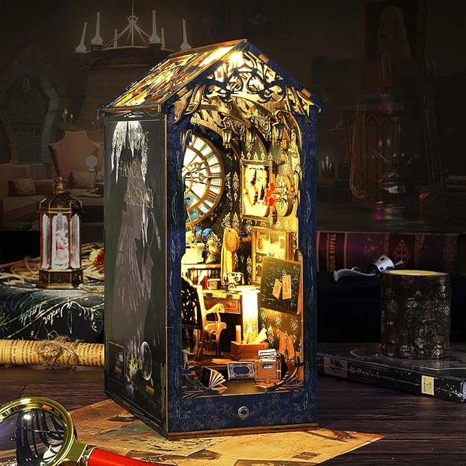Book Nook Kit, DIY Dollhouse Booknook Bookshelf Insert Decor Alley, DIY Book Nook Miniature Kit with Lights, 3D Wooden Puzzle Decorative Bookend Miniature Model Kits for Adults
