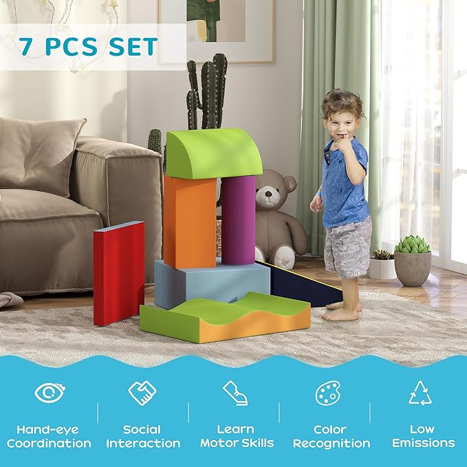 Soozier 7 Piece PU Leather Soft Play Climbing for Toddlers, Baby Colorful Soft Play Gym Toys Indoor, Modular Crawling & Climbing Play Set for 1-3 Years, Contemporary