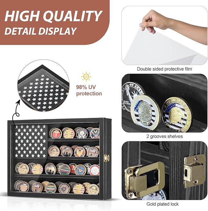 Challenge Coin Display Case, Lockable Solid Wood Military Coin Holder Cabinet with Star Flag Board and Anti-Fade Acrylic Front, Wall Mounted 4-Tier Coin Collection Shadow Box Rack (Black)