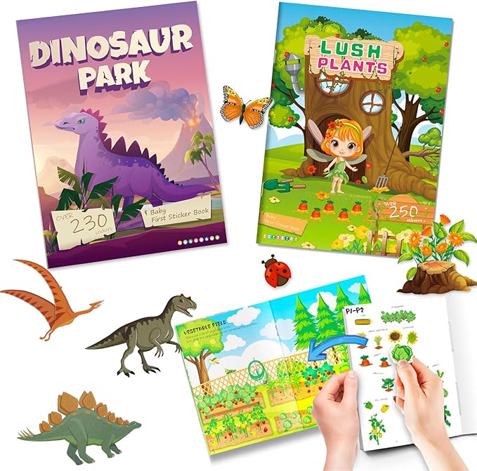 Sticker Book for Kids, 230+ Dinosaur & 250+ Plant Stickers & 16 Scenes, Reusable Activity Sheet, Seek and Find Sticker Coloring Pad, for Boys Girls Toddlers Ages 2-4 4-8 Years Old 3-5 6-7
