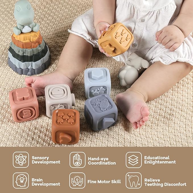 Stacking Rings & Nesting Building Blocks for Babies 6 12 18 Months, 14 Pcs Soft Stacker Teething Toys with 2 Dinosaur, Montessori Learning Toys for Infant Toddler Boys Girls