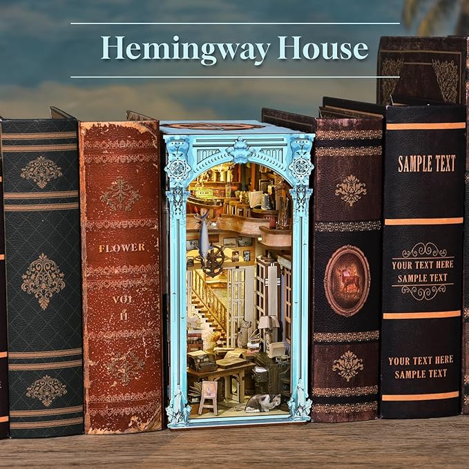 𝗠𝗶𝗻𝗶𝗖𝗶𝘁𝘆 Book Nook Kit, DIY Miniature Dollhouse Booknook Bookshelf Insert Decor, 3D Wooden Puzzles with LED Light for Teens and Adults(Hemingway House)