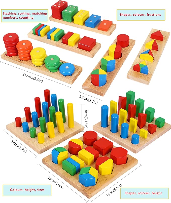 TOWO Wooden Geometric Shapes Stacking Rings and Fractions Boards 8 in 1 Set Puzzles- Shape Sorter Sorting Toy Stacking Game – Montessori Materials Educational Learning Toys for 3 4 5 6 Years