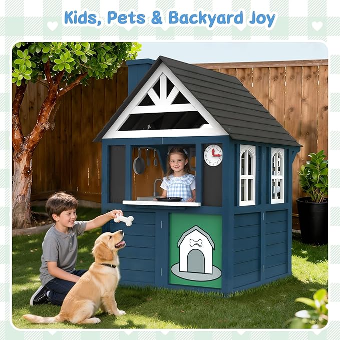 Kids Playhouse Outdoor,Wooden Play House Playset for Kids, Large, Sturdy, Realistic Design with Kitchen, Doorbell, Flower Pot, Stove, Sink & Clock, Perfect for Kid Ages 3-8 (Blue)