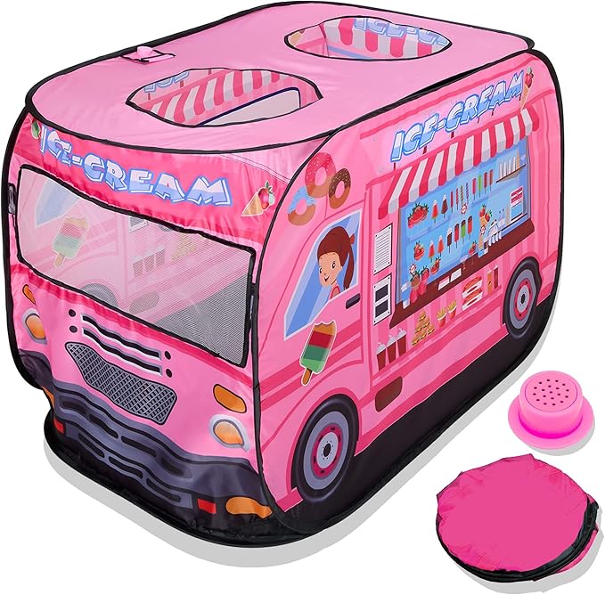 Playbees Musical Ice Cream Truck Pop Up Play Tent with 3 Openings - Tent for Toddlers - Indoor & Outdoor - Pop Up Tents for Kids - Includes Carry Bag and Sound Button- 43.5x28x26.5 Inch