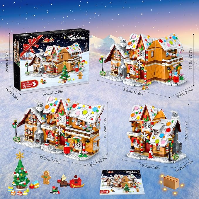 2025 Christmas 3 Style Gingerbread House Building Set with Light - 1477PCS Christmas Village Castle Building Block Toy with Santa Claus Xmas Tree Train for Adults Kids Girls Boys Ages 6+