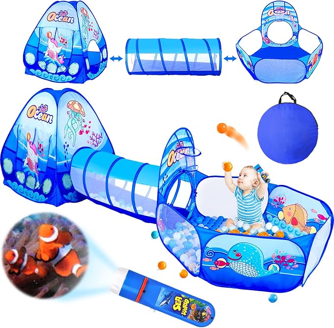 3 in 1 Kids Play Tent with Play Tunnel, Ball Pit, Projection Flashlight for Boys & Girls, Toddler Pop Up Playhouse Toy for Baby Indoor Outdoor