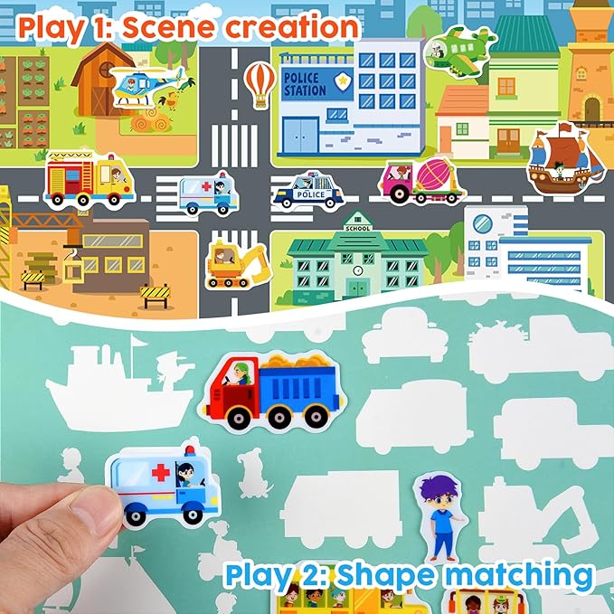 ASTARON 3 Pack Reusable Sticker Books for Kids, Cute Waterproof Dinosaurs Animals Vehicles Stickers, Portable Travel Toys and Educational Sensory Learning Toys (3-6 Age)
