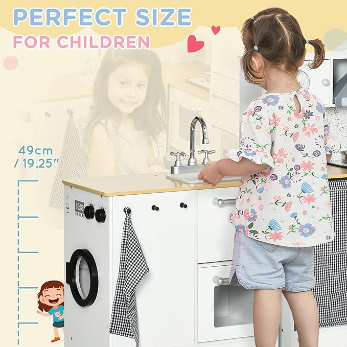 Qaba Kids Wooden Kitchen Playset with Sound Effects and Tons of Countertop Space, Wooden Corner Play Kitchen Set with Washing Machine, Imaginative Toy Pretend Restaurant, Ages 3-6, White