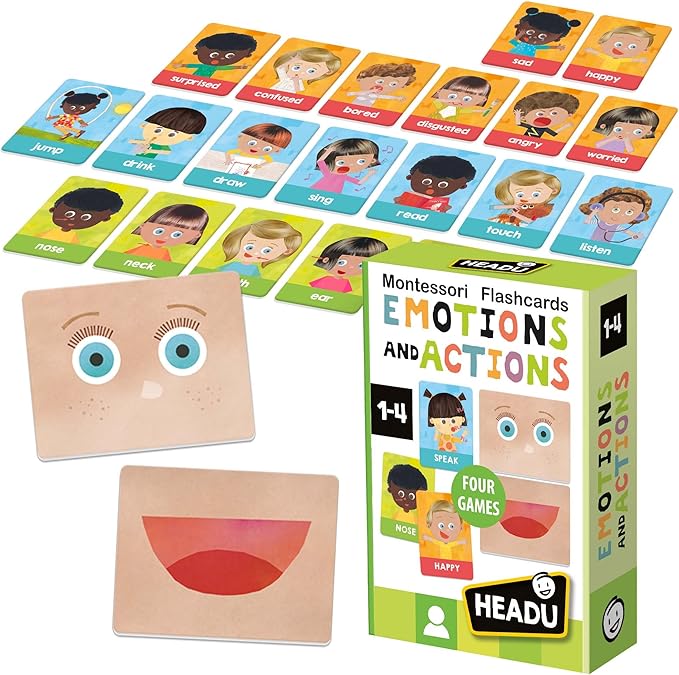 Headu Emotions and Actions Flash Cards Montessori – Social Emotional Learning Activities Ages 1-4, Educational Toddler Flashcards for 1 2 3 4 Year Old Boys Girls, Autism Materials, Teaching Games