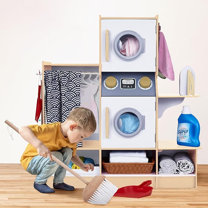 Lil’ Jumbl Kids Washer and Dryer Playset, Wooden Children's Pretend Laundry Set, Includes Broom, Dustpan, Iron, Hangers & Basket, Realistic Laundry Room for Kids - Natural