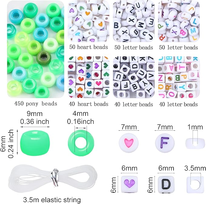 XIANNVXI 24Colours Green Pony Beads for Bracelet Friendship 720pcs Letter Kandi Green Pony Beaded Kit Bracelet Making Kit for Jewelry DIY Crafts