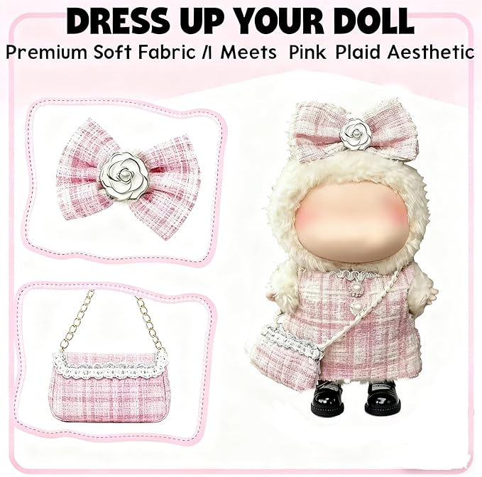 Clothes for LABUBU 17cm Doll (NO Doll)（NO Shoes, Outfit for LABUBU, Dress + Hairpin + Mini Bag Set for LABUBU Dress Up, Fashion and Premium Dolls Accessories for LABUBU (Style J)