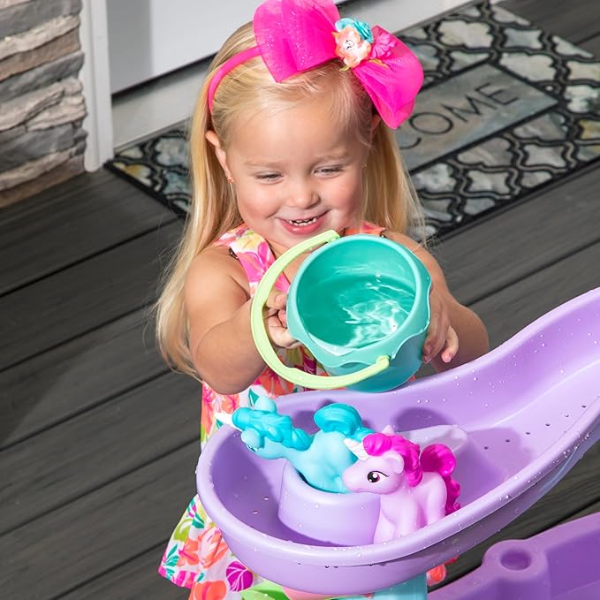 Step2 Rain Showers and Unicorns Water Table, Kids Water and Sand Activity Sensory Playset, Summer Outdoor Toys, 13 Piece Water Toy Accessories, for Toddlers 1.5+ Years Old, Blue & Purple