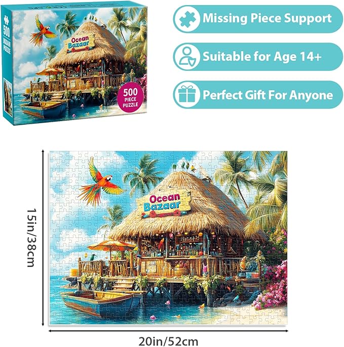500 Piece Puzzles for Adults, Colorful Beach Shop Parrot Jigsaw Puzzles 500 Pieces for Adults Kids Seniors, Challenge Art Jigsaw Puzzle for Gifts Birthday Party Games Family, 20.5 * 15 inch Dust Free