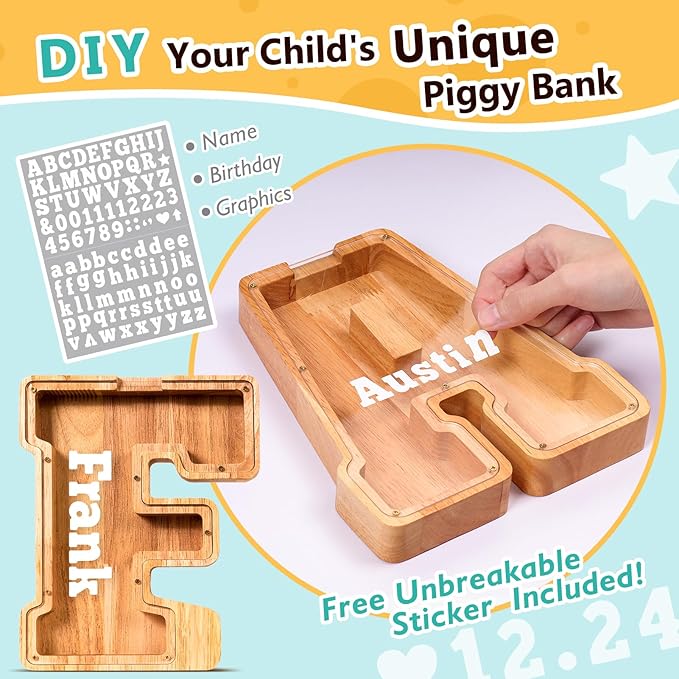 SummiDate Wooden Letter Piggy Bank| Piggy Bank for Boys Girls Toddler| Alphabet F Money Bank| Coin Bank Birthday Gift for Kids|Birthday Gift for Kids (F)