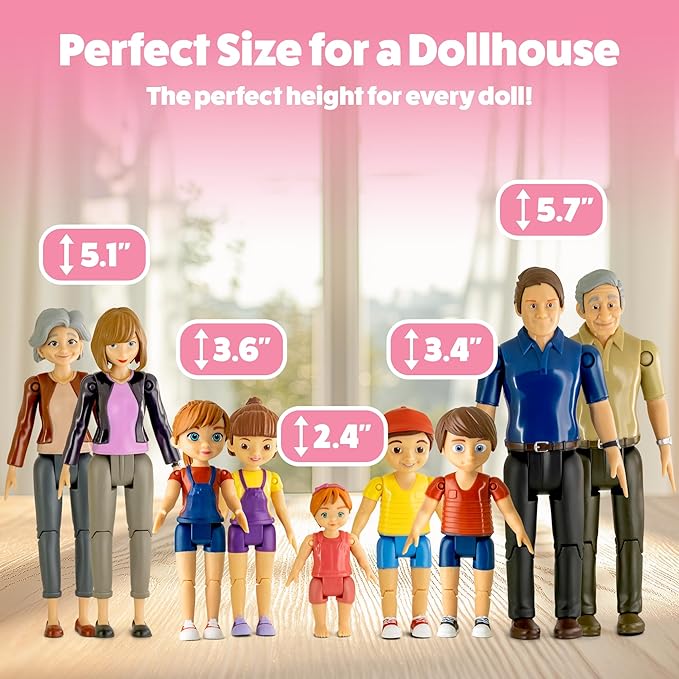 Dollhouse People, Bendable Dollhouse Family Set – 9 Poseable Figures Including Grandpa, Grandma, Mom, Dad, Sister, Brother, Cousins, and a Baby Girl – Perfect for Dollhouse Play and Imaginative Fun