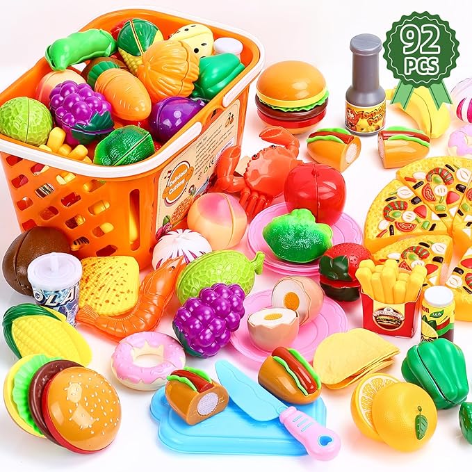 92PCS Play Food Set for Kids, Pretend Play Toys for Play Kitchen & Toddlers Learning, Food Toys with Cutting Fruits & Vegetables, Fake Food Gift Kitchen Playset for Kids Ages 3+