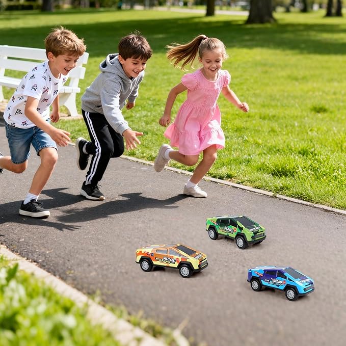 Toy Trucks for Kids 1/32 Model Car 3 Pack,Camouflage: Blue, Yellow, Green,Friction Power Push and Go Pull Back Wind up Race Cars,Toddlers 3 4 5 6 7 8 for Boys and Girls Birthday Party Gift