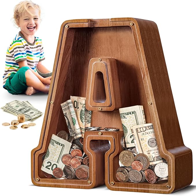Summidate Large Wooden Piggy Bank for Kids Adults, Alphabets Letter A-Z Piggy Bank for Boys Girls, Coins Bills Change Bank Box Personalized Initial Name Kids Money Bank for Birthday Present and Decor